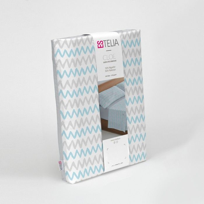 Juego de sábanas estampado Cloe azul, presentación en bolsa de tela