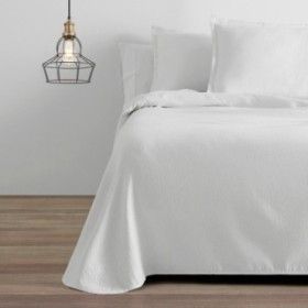 Colcha tejida + funda cojín Rice blanco escena de cama