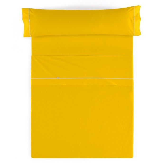 Juego de sábanas liso mostaza vista cenital