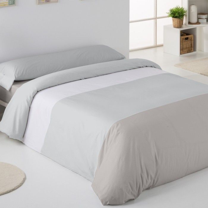 Funda nórdica tricolor blanco-perla-plomo escena de cama