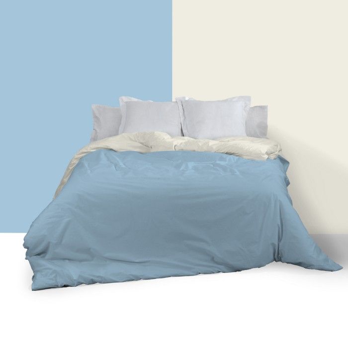 Funda nórdica reversible algodón crema-azul celeste vista frontal reverso