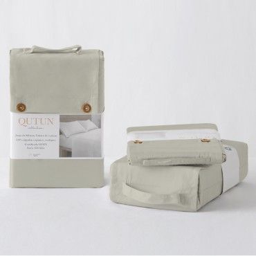 Sábana bajera ajustable de algodón orgánico color topo - Qutun - Presentación en bolsa de tela