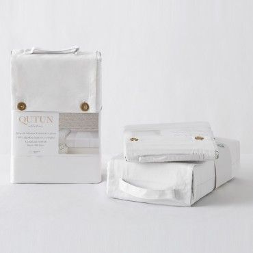 Juego de sábanas de algodón orgánico con doble pespunte color blanco - Qutun - Presentación en bolsa de tela