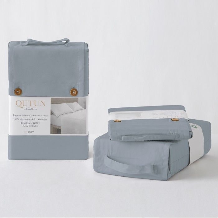 Juego de sábanas de algodón orgánico con doble pespunte color ceniza - Qutun - Presentación en bolsa de tela