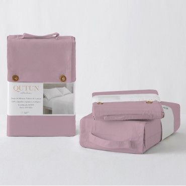 Juego de sábanas de algodón orgánico con doble pespunte color néctar - Qutun - Presentación en bolsa de tela