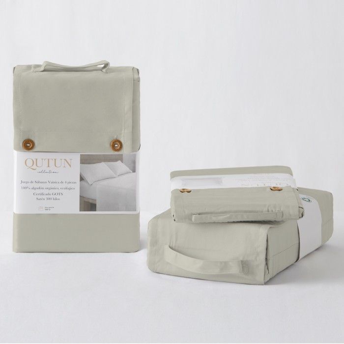 Juego de sábanas de algodón orgánico con doble pespunte color topo - Qutun - Presentación en bolsa de tela