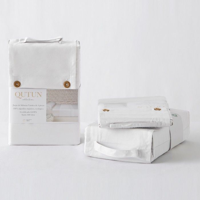 Juego de sábanas algodón orgánico con vainica color blanco - Qutun - Presentación en bolsa de tela