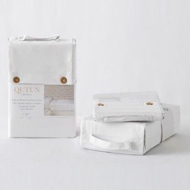 Juego de sábanas algodón orgánico con vainica color blanco - Qutun - Presentación en bolsa de tela