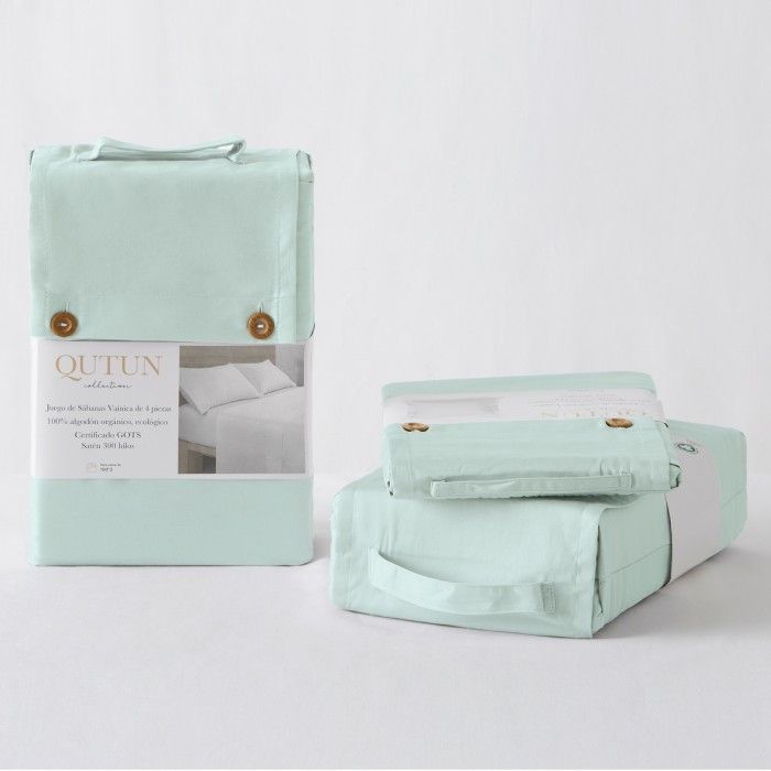 Juego de sábanas algodón orgánico con vainica color hielo - Qutun - Presentación en bolsa de tela