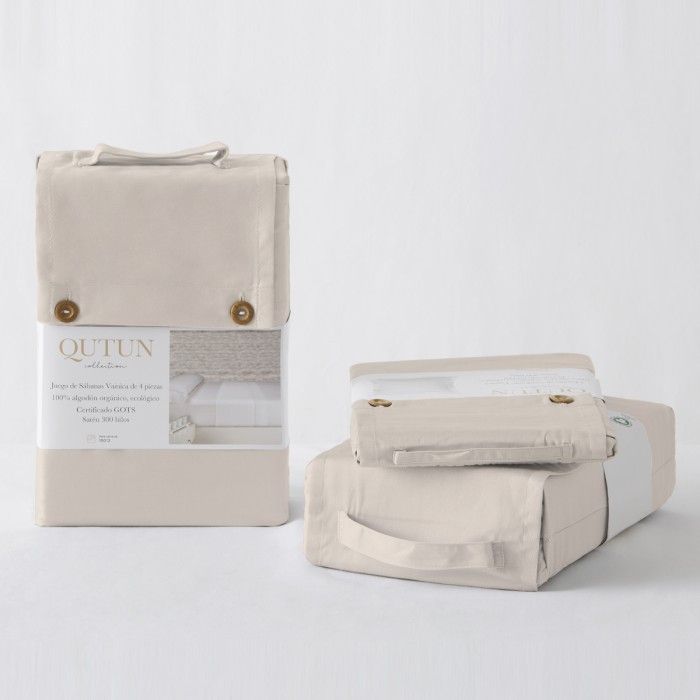 Juego de sábanas algodón orgánico con vainica color natural - Qutun - Presentación en bolsa de tela