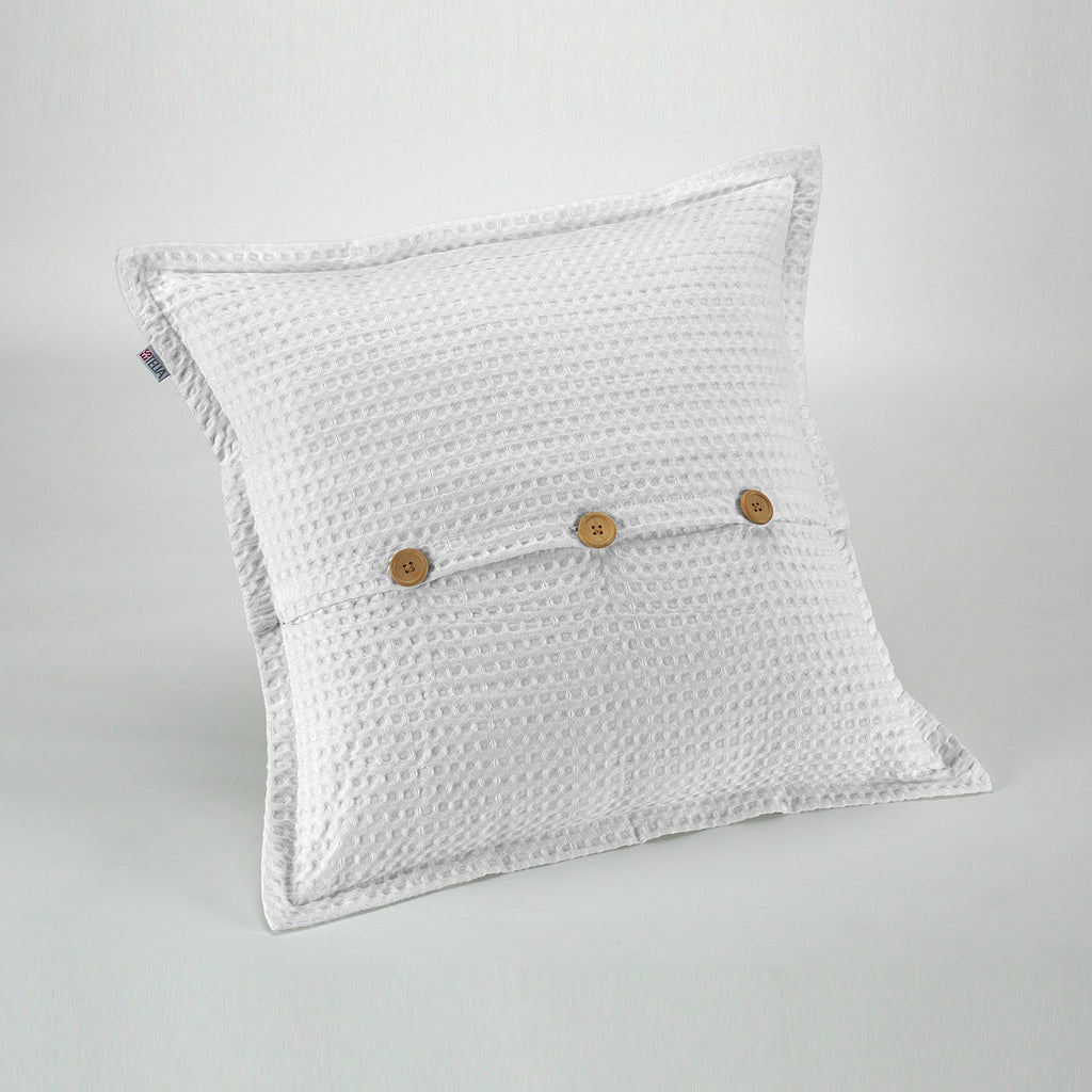 Funda de cojín tejida Banús 50x50 cm color blanco. Cierre con botones