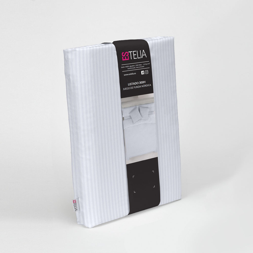 Juego de funda nórdica satén blanco listado presentación en bolsa de tela