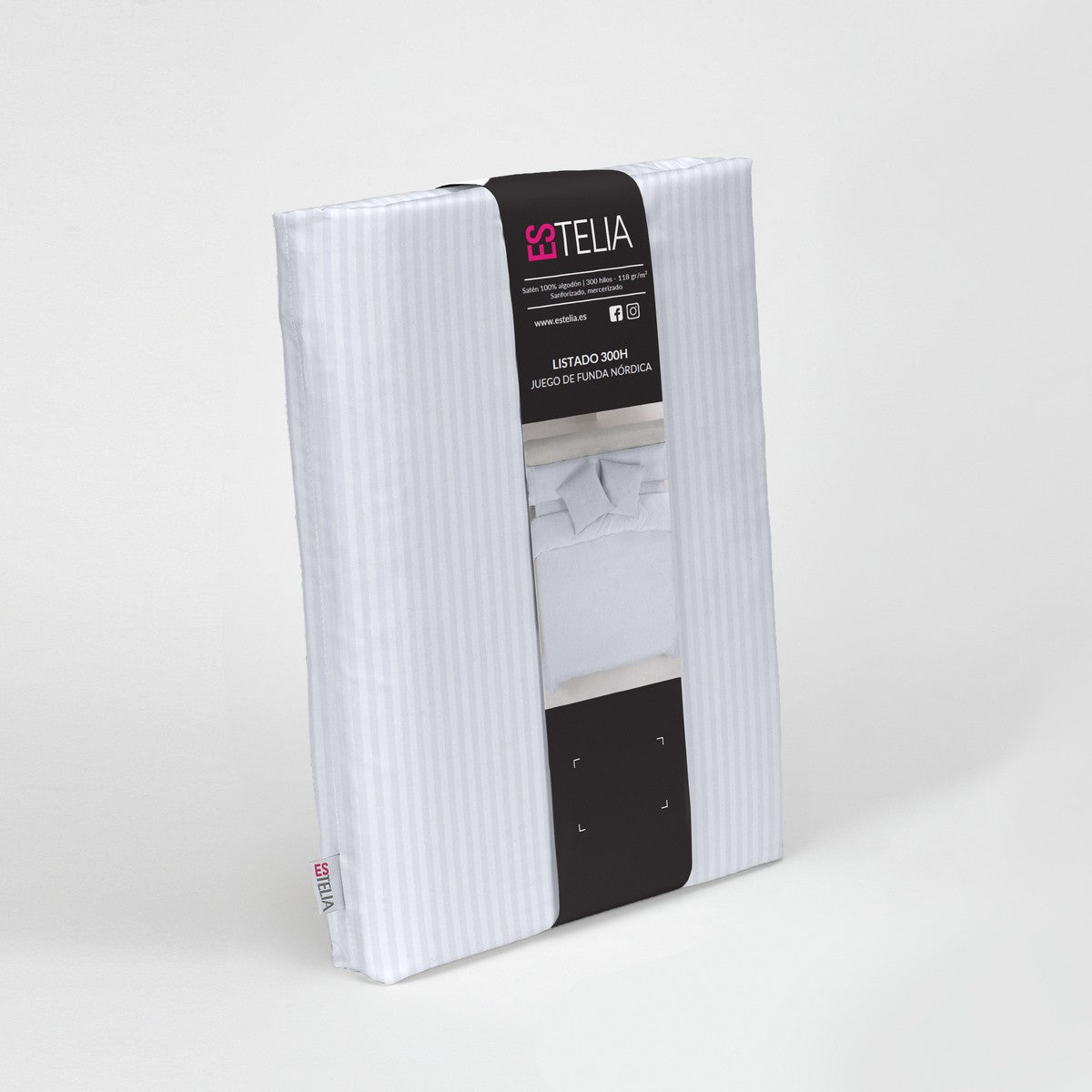 Juego de funda nórdica satén blanco listado presentación en bolsa de tela