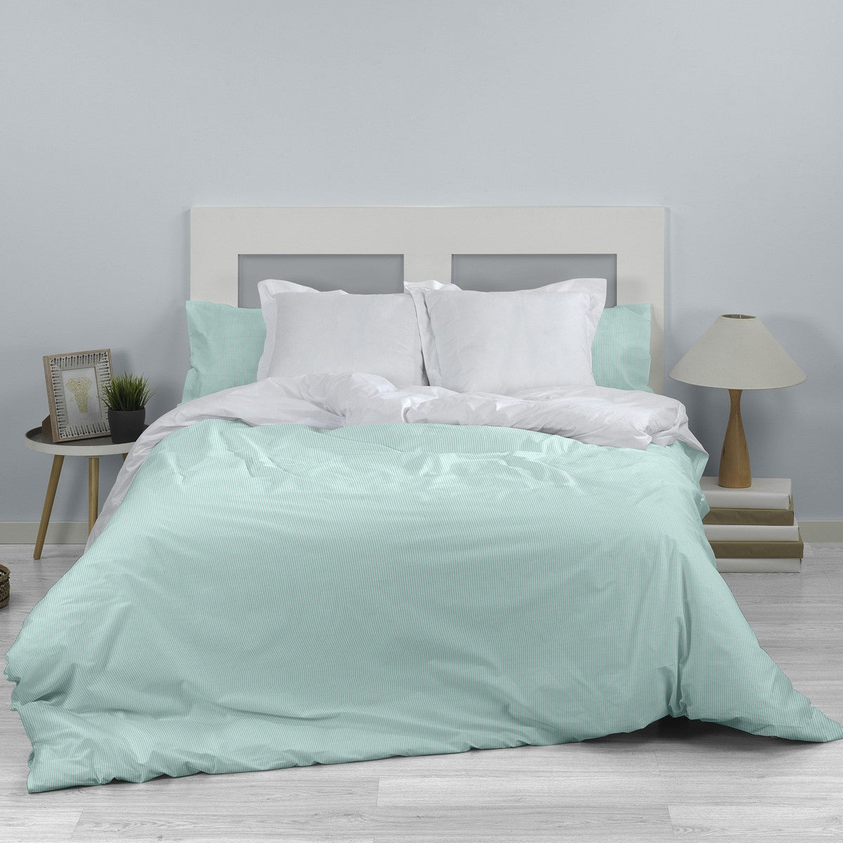 Dúo funda nórdica + almohada Greta aqua vista cenital