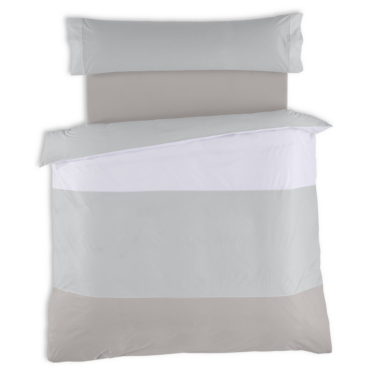 Funda nórdica tricolor blanco-perla-plomo vista cenital