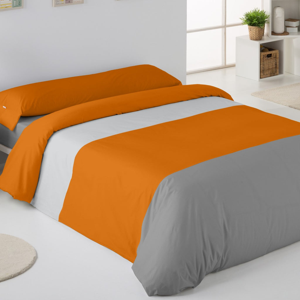 Funda nórdica tricolor perla-ocre-plomo escena de cama