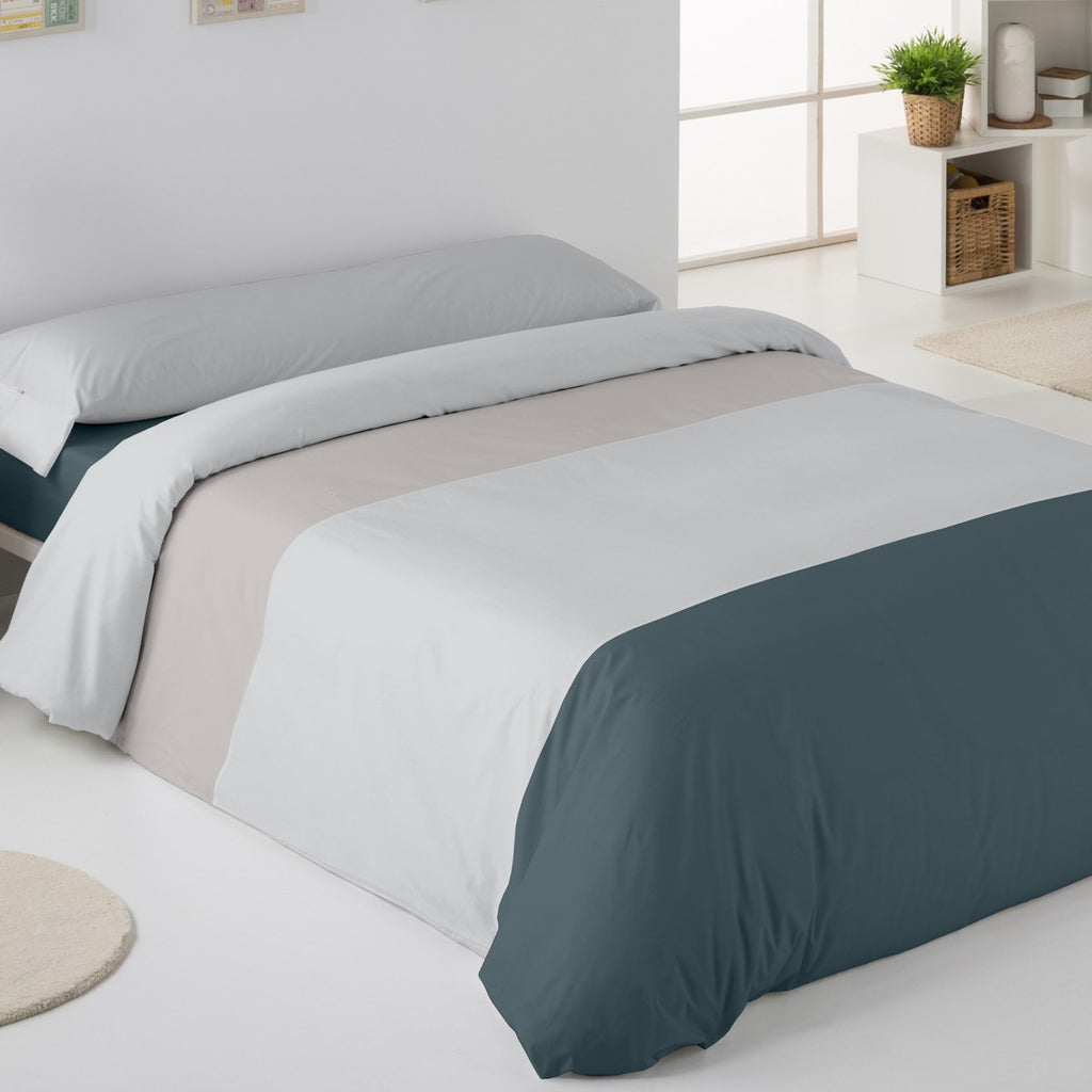 Funda nórdica tricolor plomo-perla-gris escena de cama