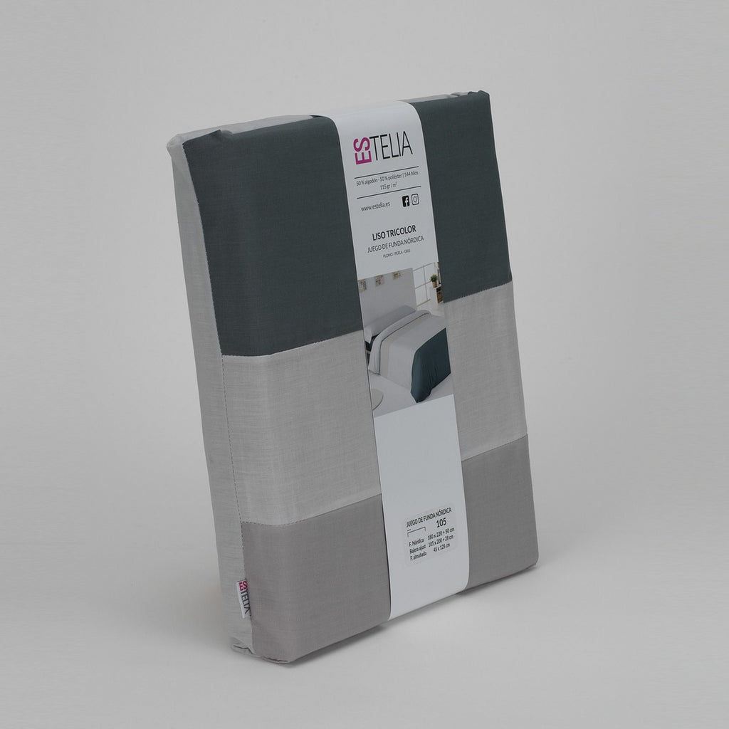 Funda nórdica tricolor plomo-perla-gris presentación en bolsa de tela
