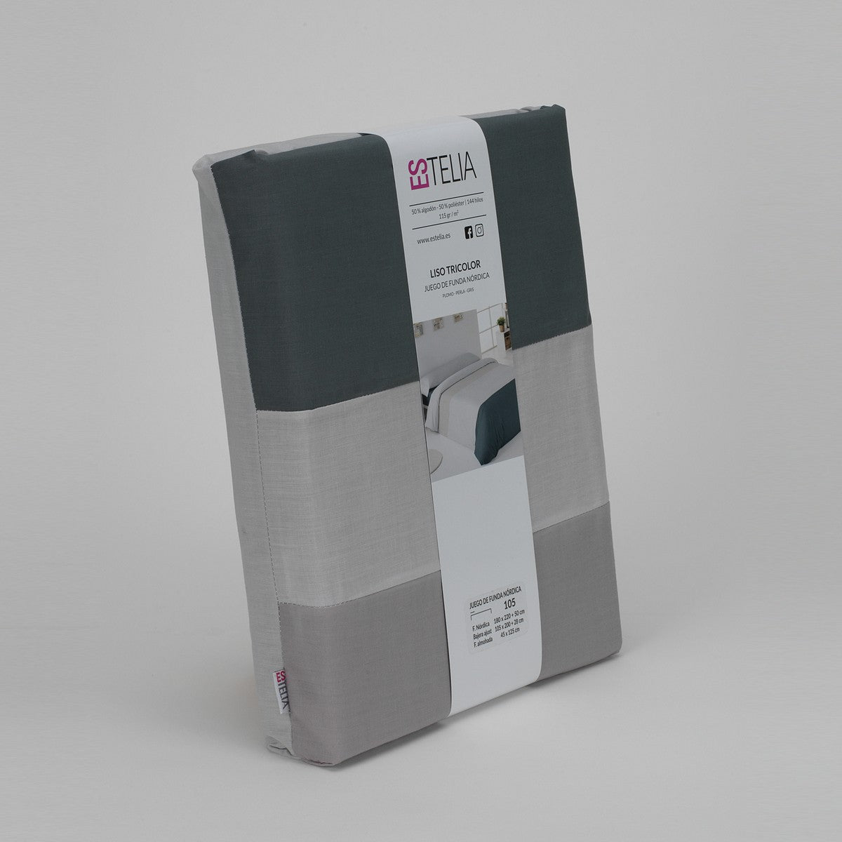 Funda nórdica tricolor plomo-perla-gris presentación en bolsa de tela
