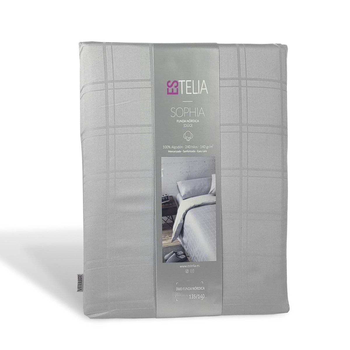 Dúo funda nórdica + almohada Sophia acero presentación en bolsa de tela