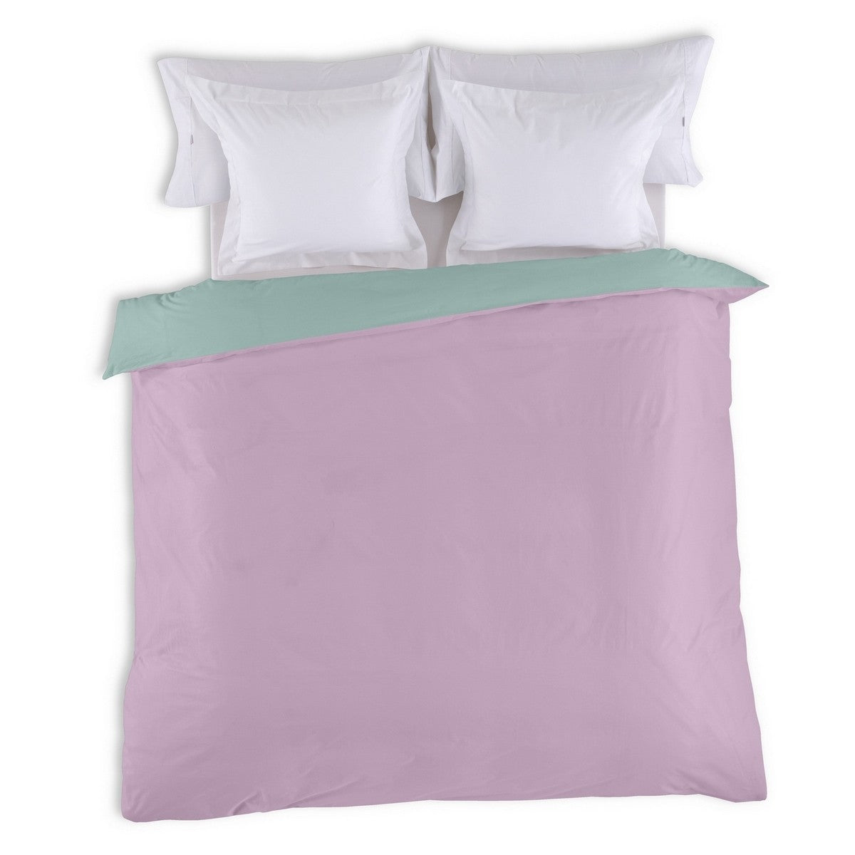 Funda nórdica reversible algodón aqua-malva vista cenital reverso