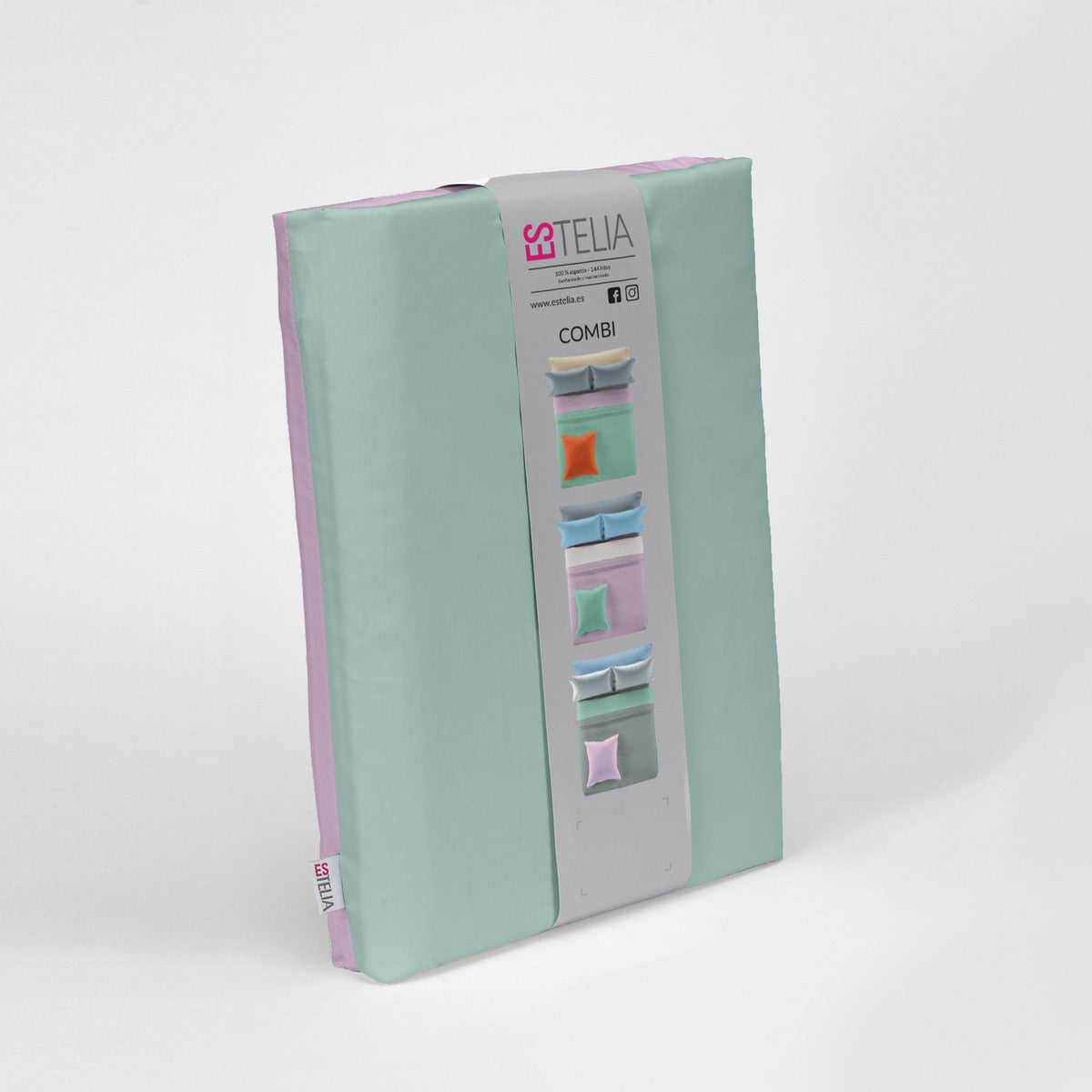 Funda nórdica reversible algodón aqua-malva presentación en bolsa de tela