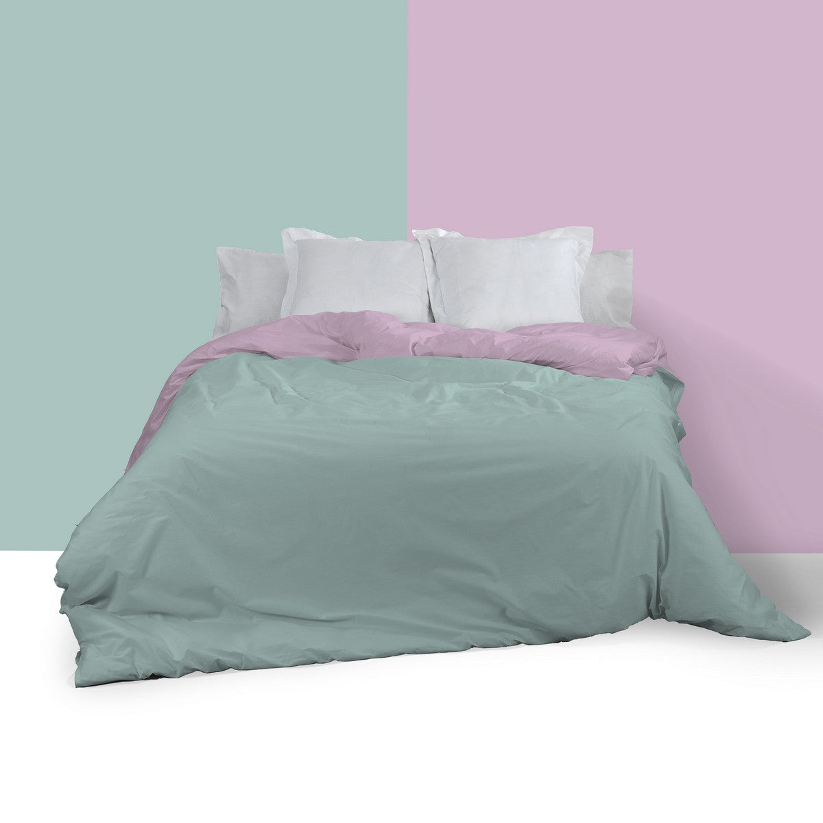 Funda nórdica reversible algodón aqua-malva vista frontal anverso