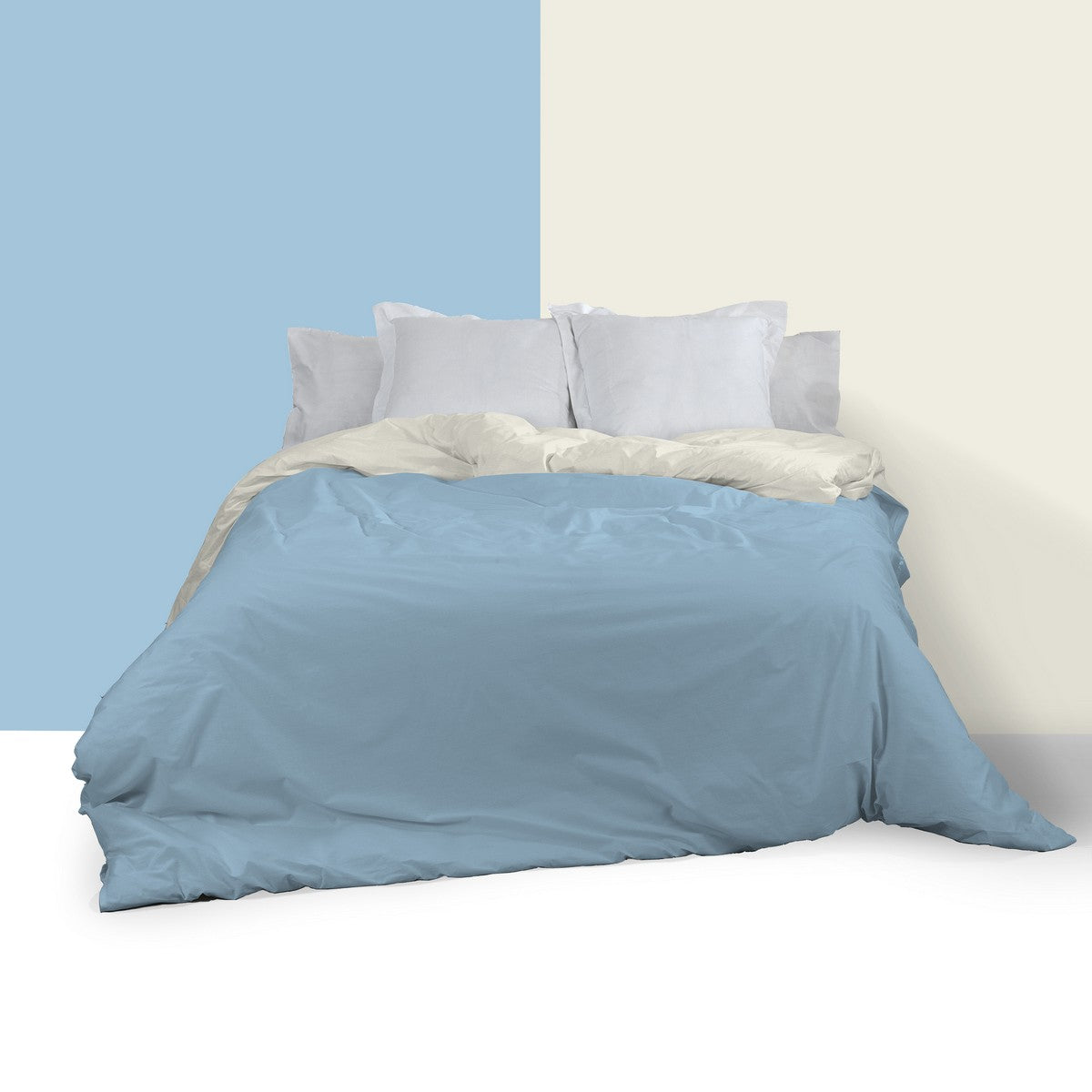 Funda nórdica reversible algodón crema-azul celeste vista frontal reverso