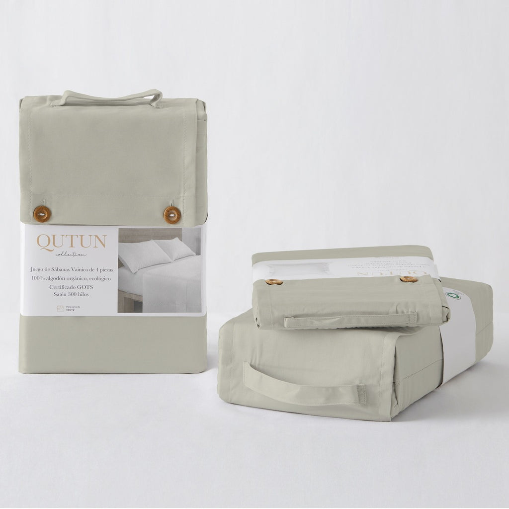Sábana bajera ajustable de algodón orgánico color topo - Qutun - Presentación en bolsa de tela