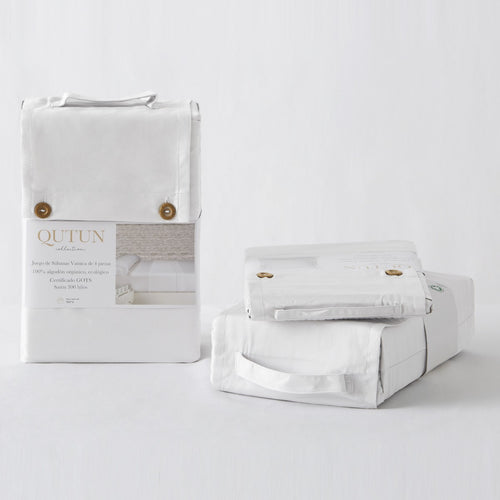 Juego de sábanas de algodón orgánico con doble pespunte color blanco - Qutun - Presentación en bolsa de tela
