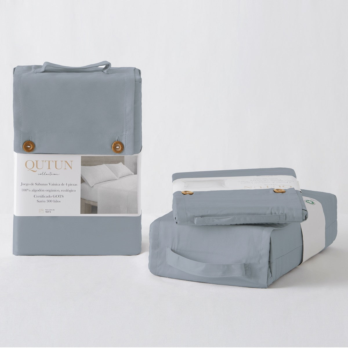 Juego de sábanas de algodón orgánico con doble pespunte color ceniza - Qutun - Presentación en bolsa de tela