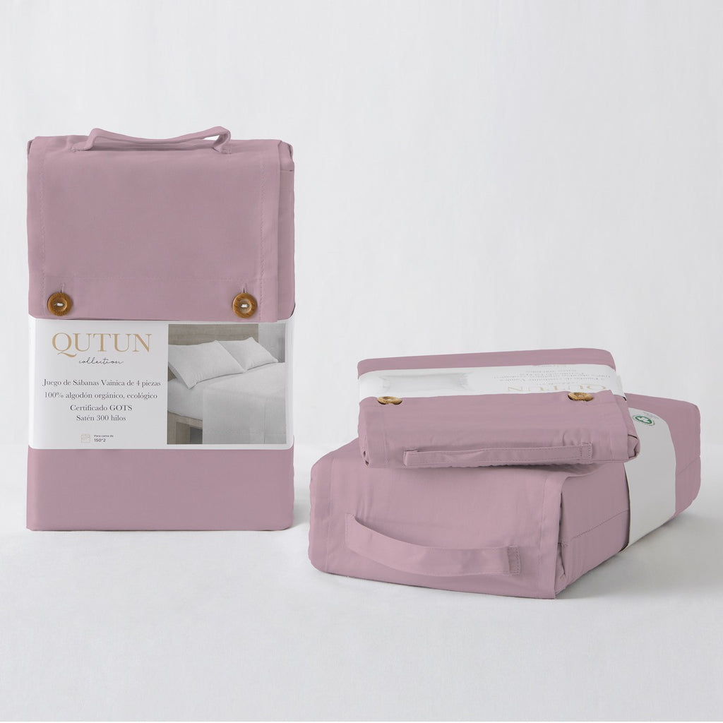 Juego de sábanas de algodón orgánico con doble pespunte color néctar - Qutun - Presentación en bolsa de tela