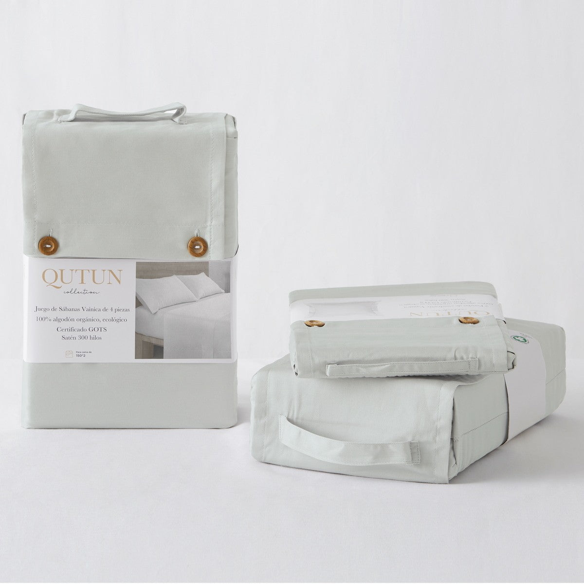 Juego de sábanas algodón orgánico con vainica color perla - Qutun - Presentación en bolsa de tela