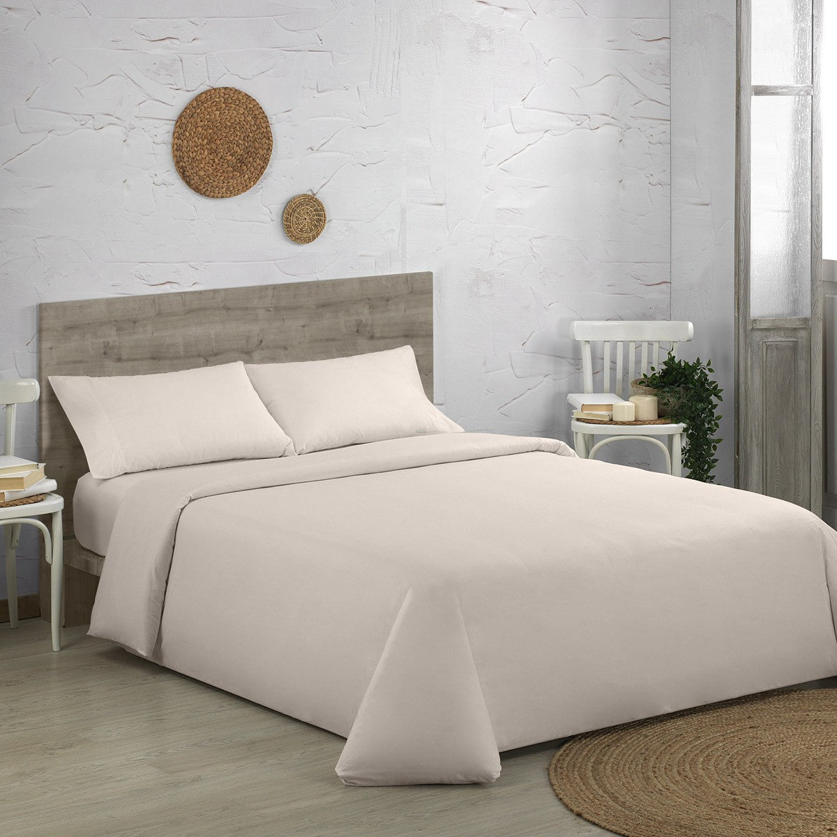 Juego funda nórdica algodón orgánico 300 hilos natural escena de cama